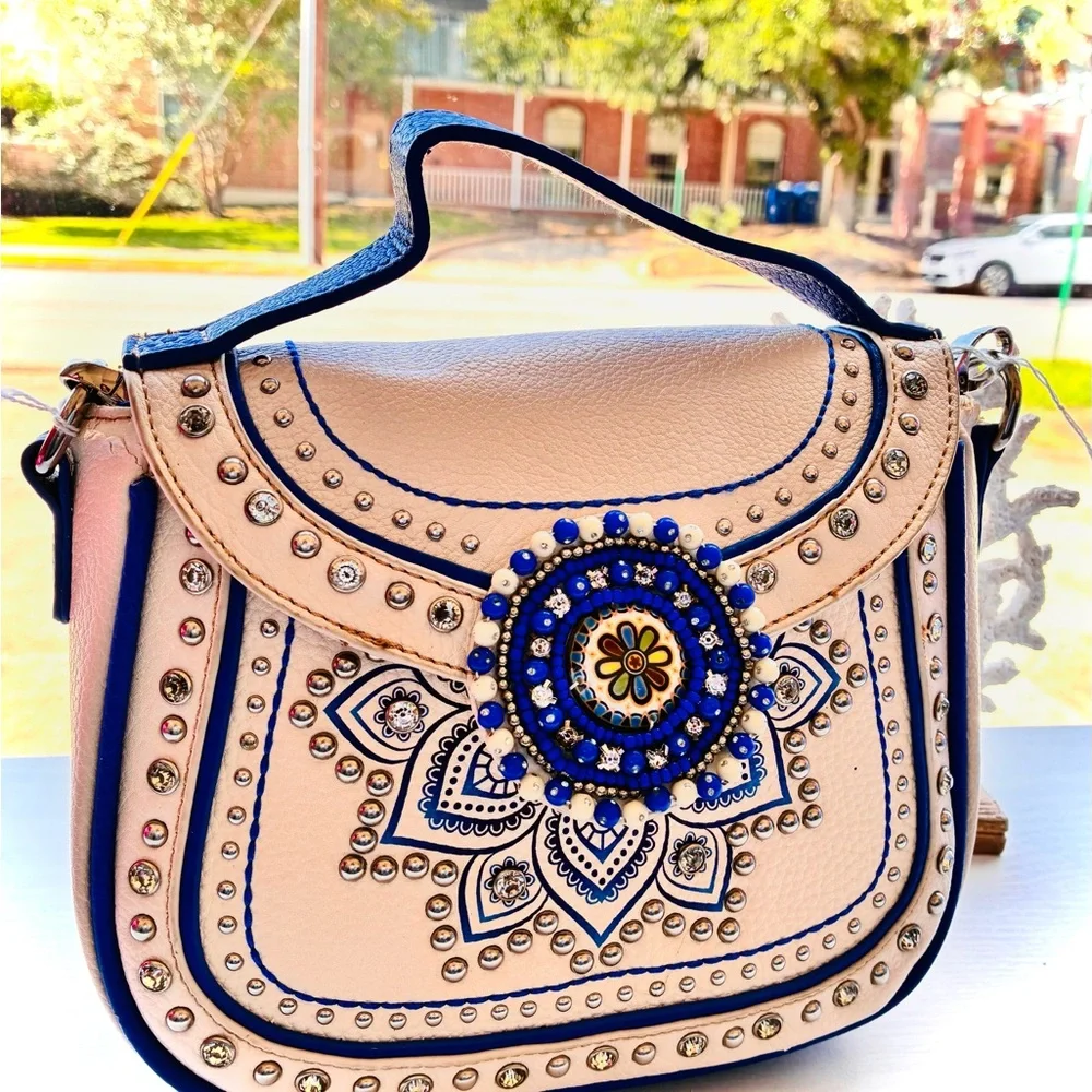 Montana West Cream Crossbody Saddle Bag with Blue Accents - Picture 1 of 1